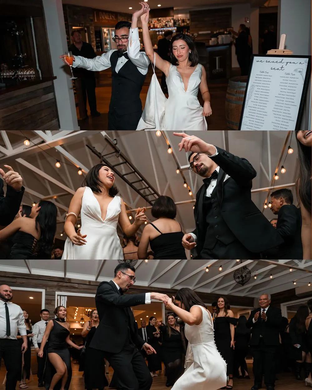 Three lively moments from a wedding reception dance floor.