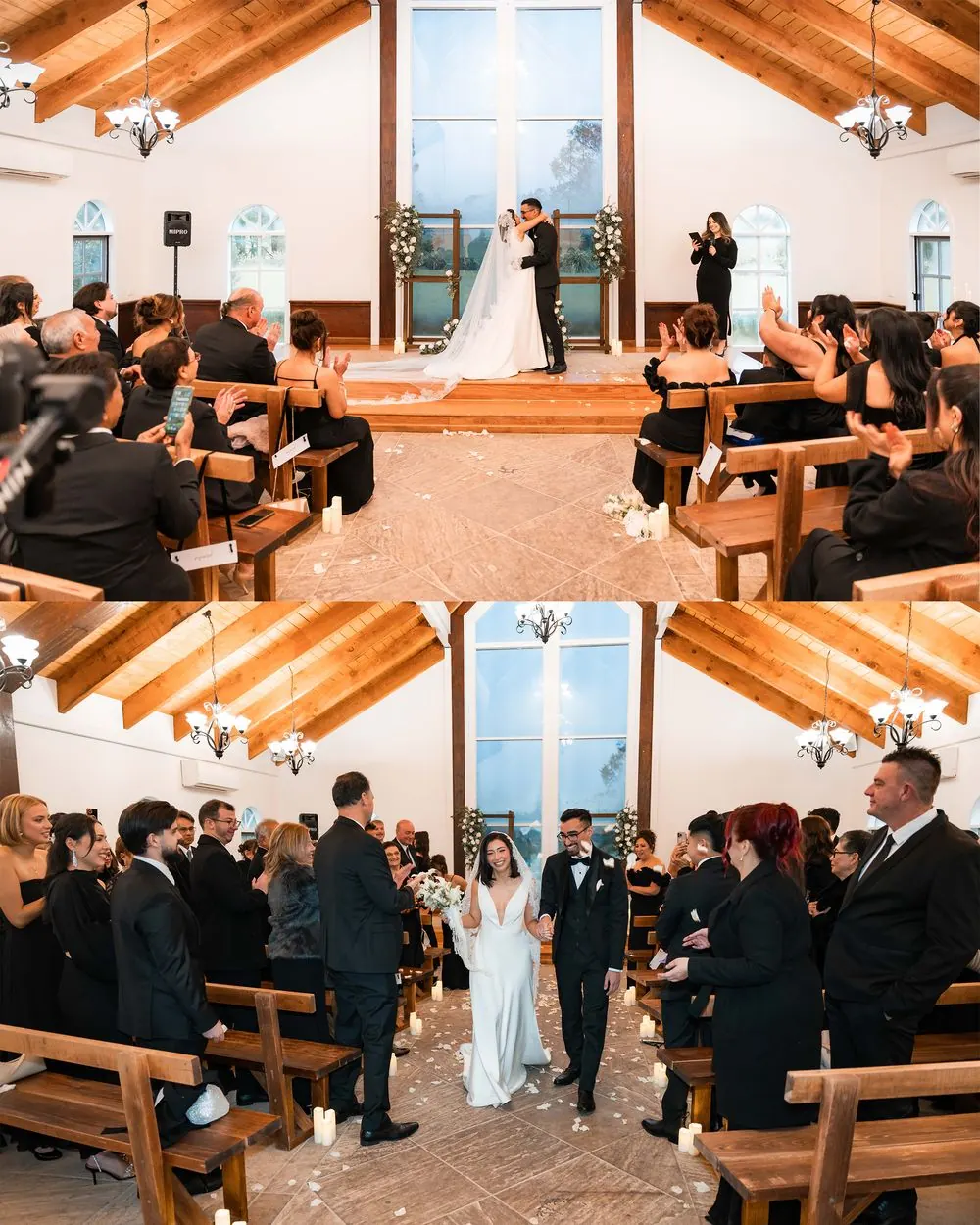 A wedding ceremony and joyful recessional inside a light-filled chapel.